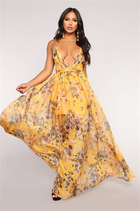 Mustard Chiffon Dress With Floral Embroidery 